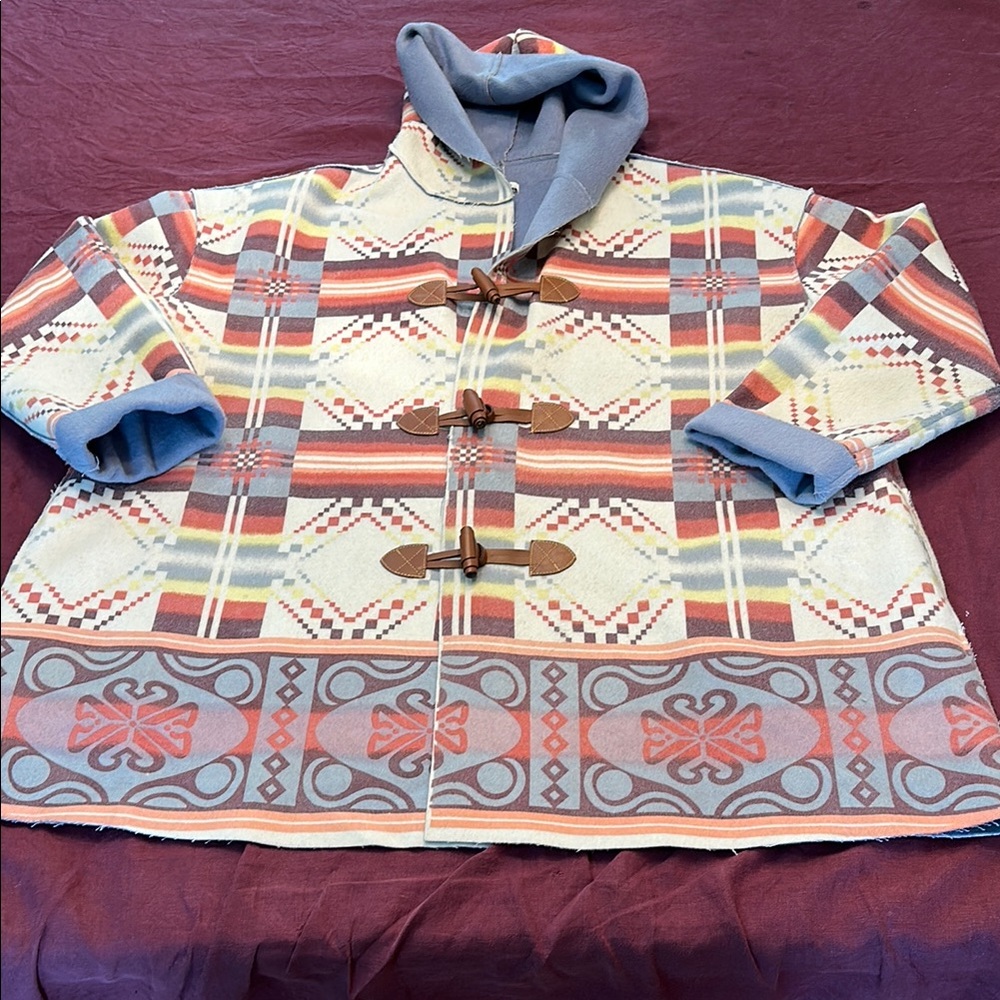 Sundance XL Wool blend blanket Coat Indian western motif cream lt blue red